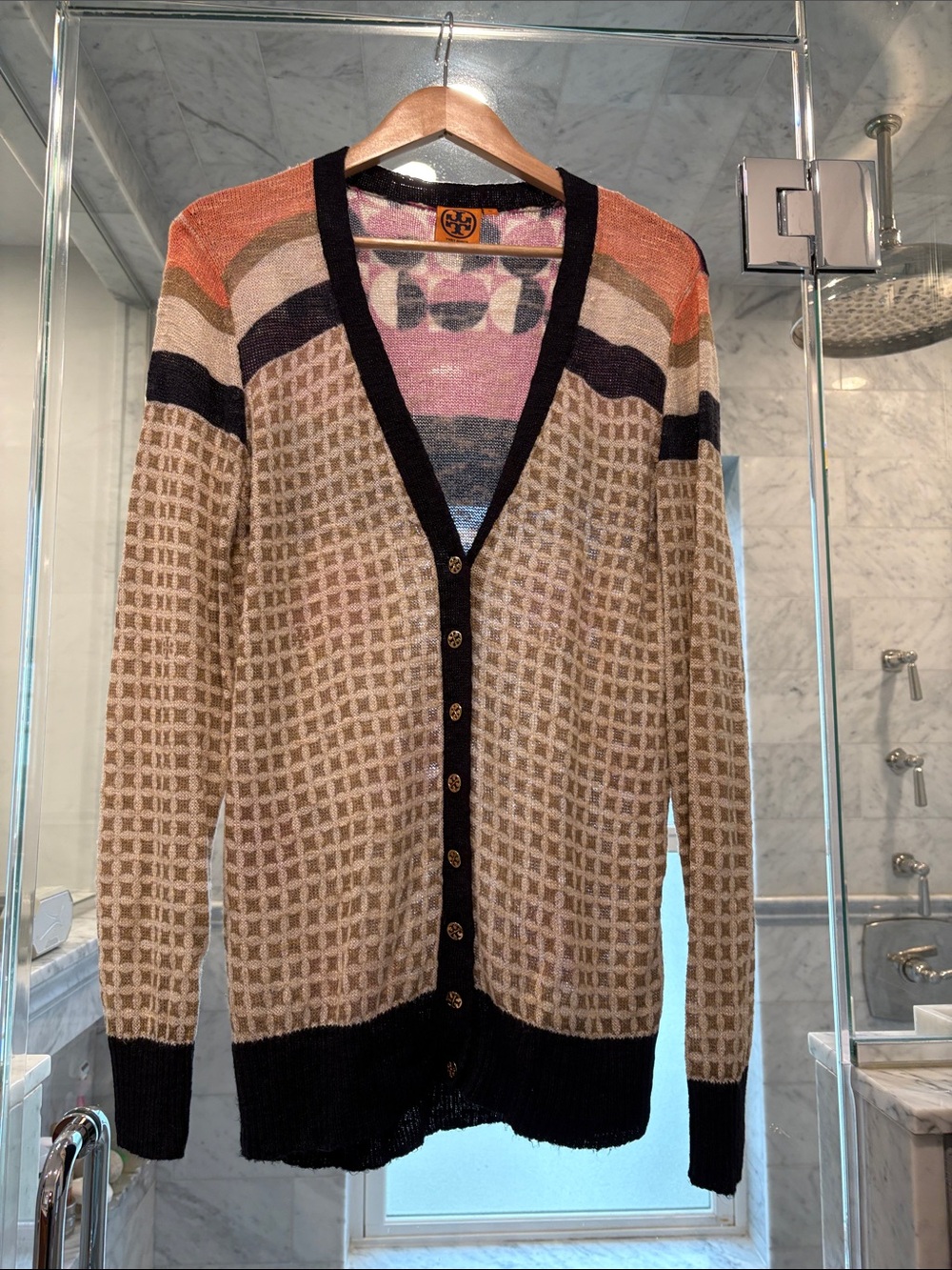 Tory Burch Multicolor Knit Cardigan Sweater - Beige & Navy